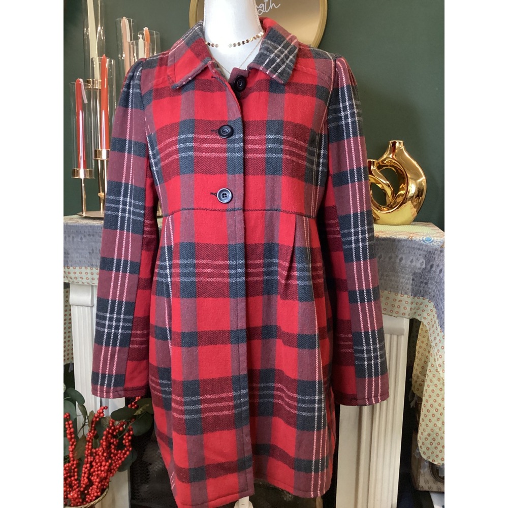BB Dakota Red Black Plaid Wool Blend Babydoll Coat Jacket Large BD340245RR